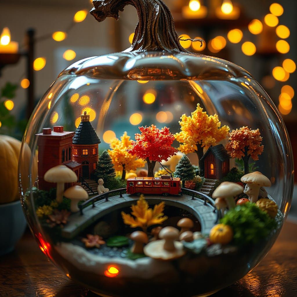 Miniature Autumn City Inside Glass Pumpkin