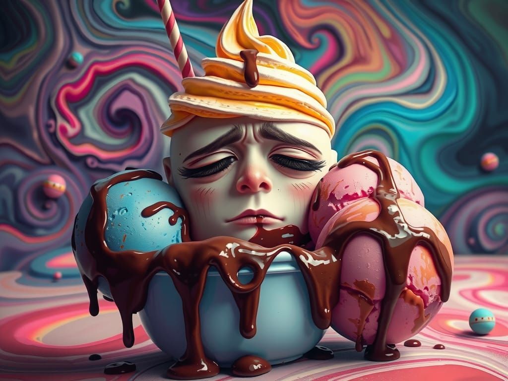 a surreal ice cream sundae with a pitiful human face is eati...