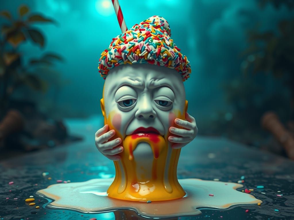 a surreal ice cream sundae with a pitiful human face is eating itself