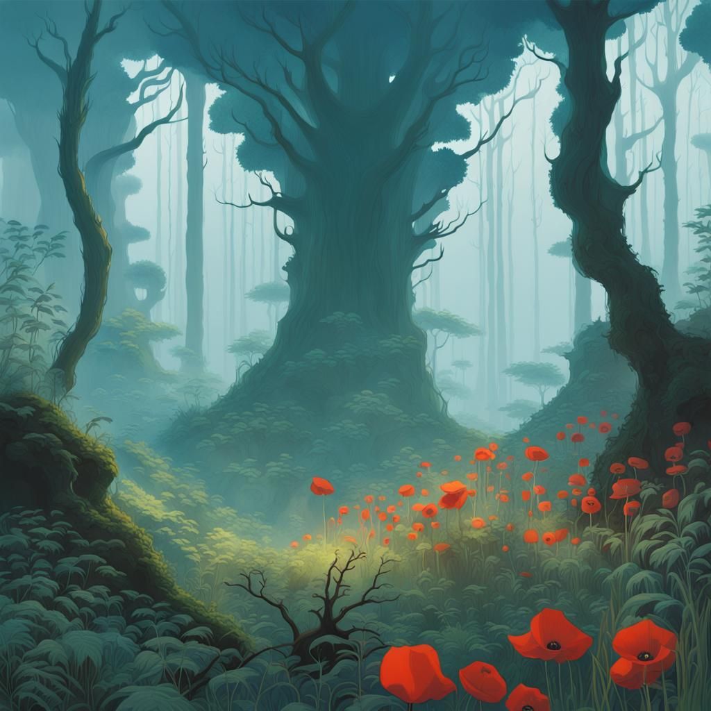 Surreal Forest Inspired by Roger Dean and Studio Ghibli