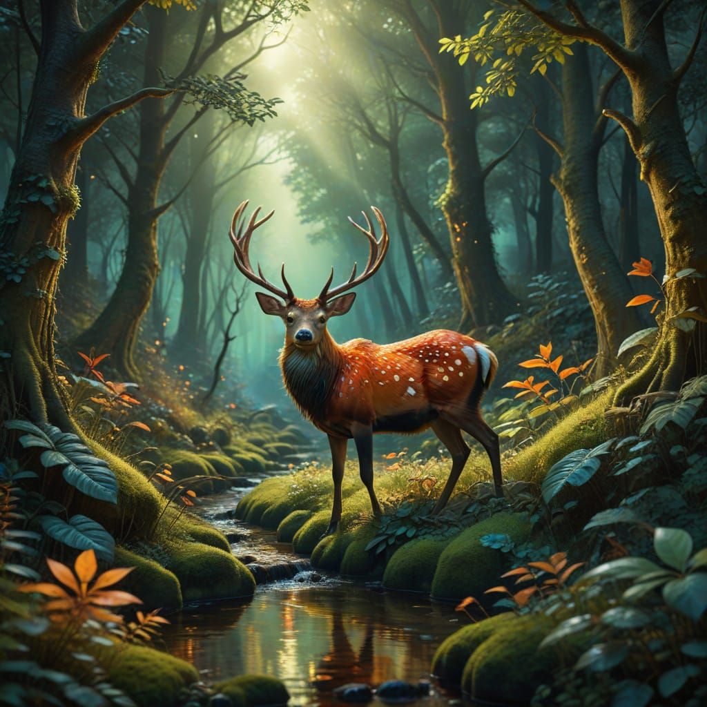 Ethereal Jungle Scene with Whimsical Creature