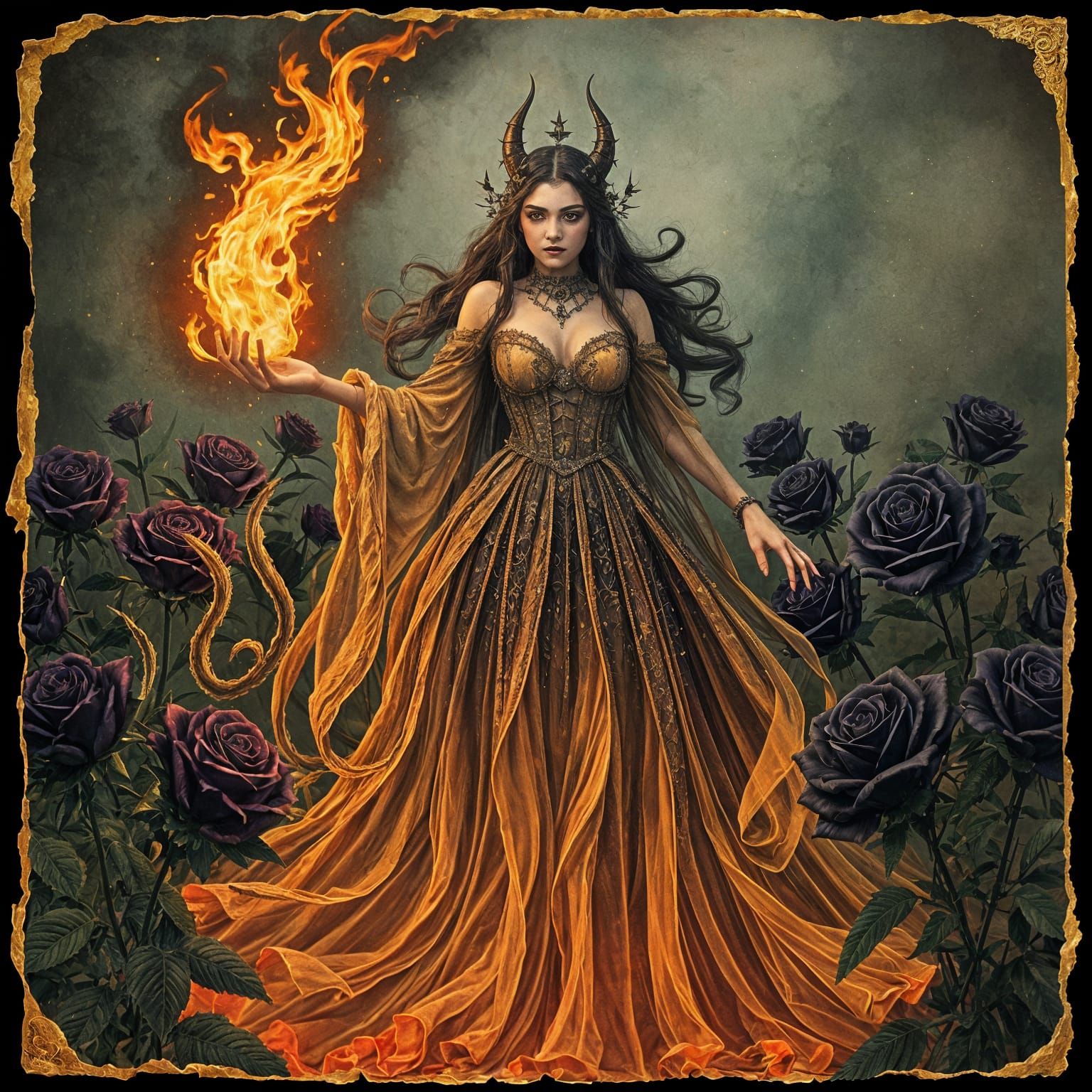 Ethereal Spectral Figure Ablaze in Rose Field