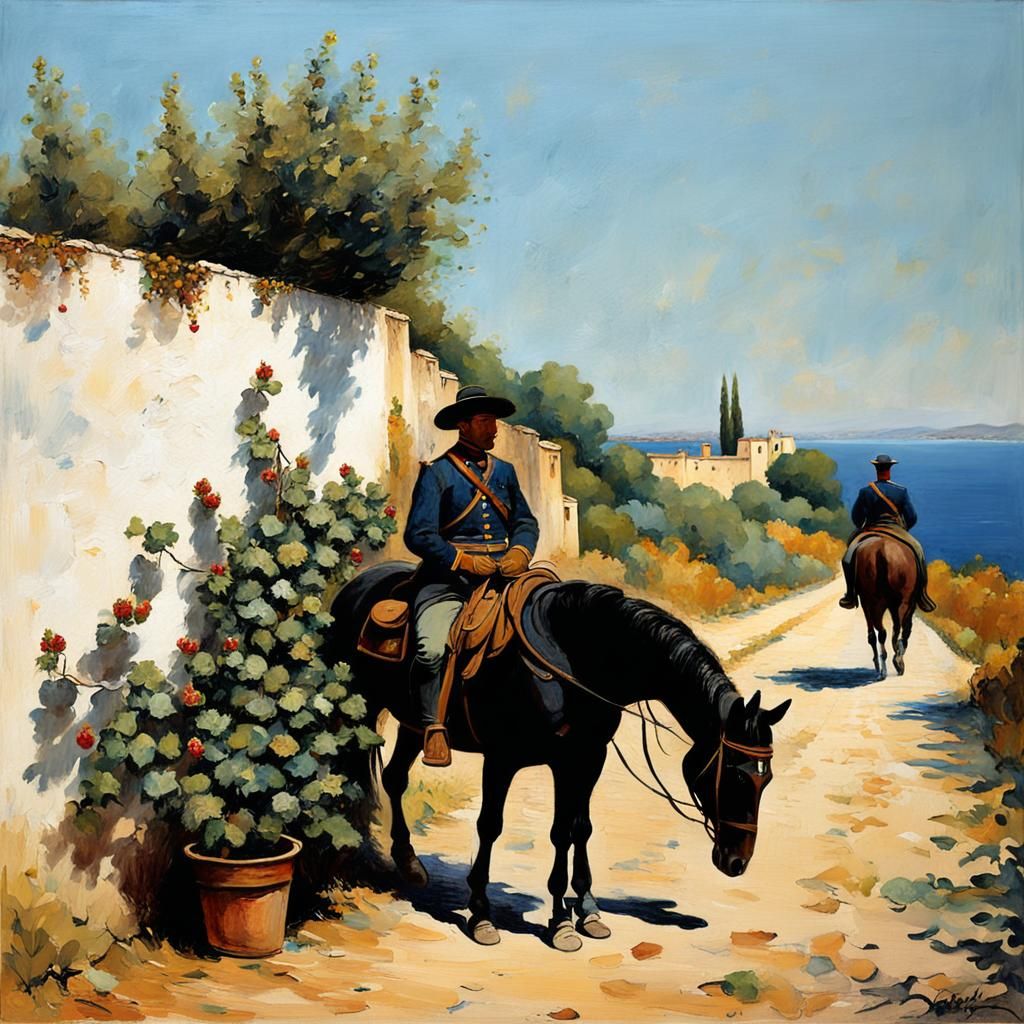 Carabinieri on Horseback Near Ivy Wall, Impressionist Style