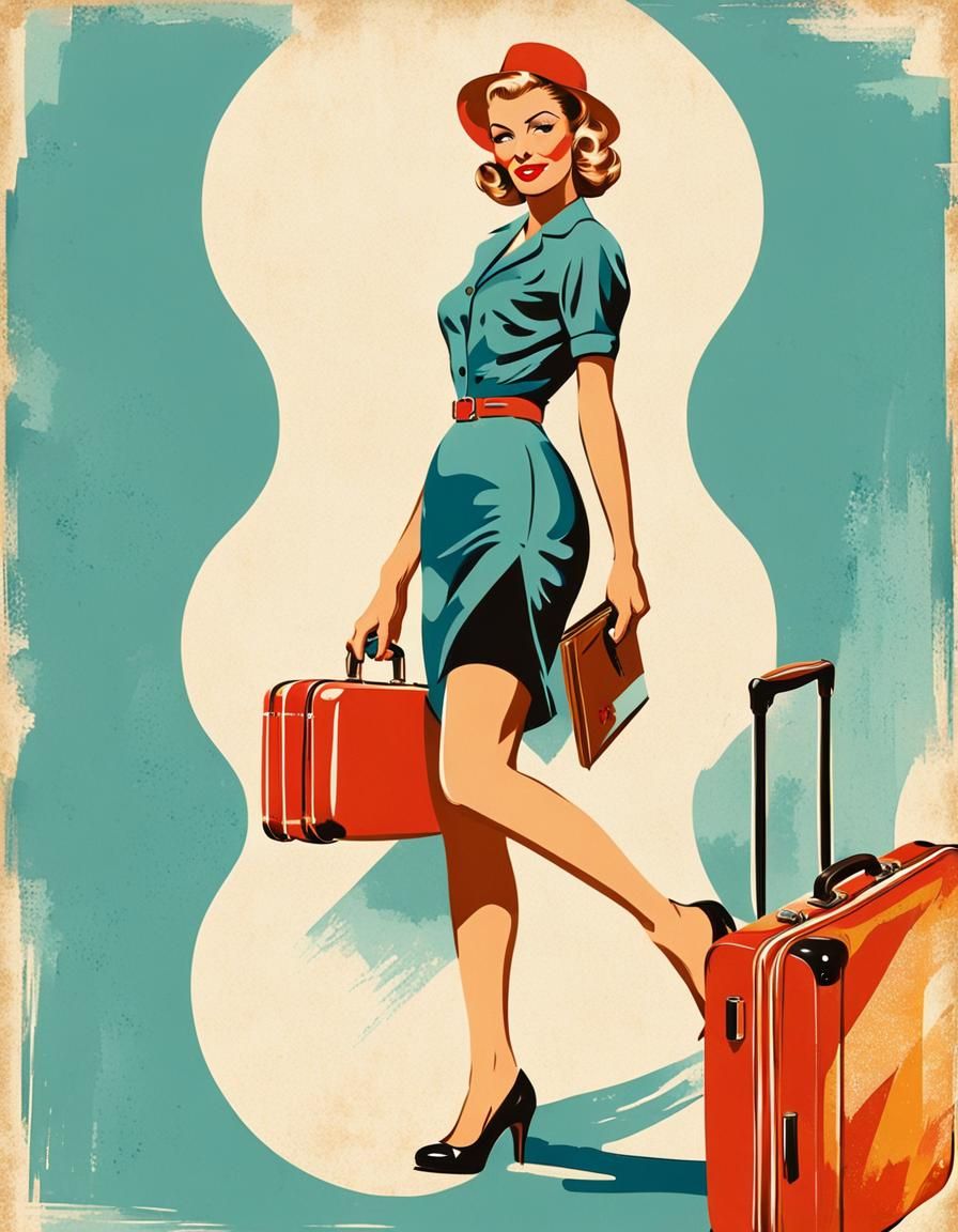 Vintage Travel Poster: Pin-Up Girl with Suitcase