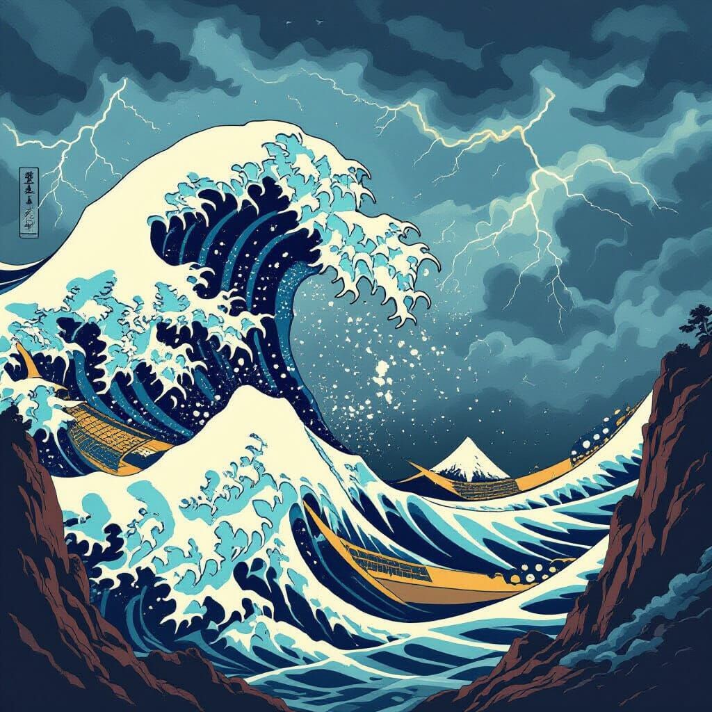 Colossal Ukiyo-e Wave Crashing on Stormy Cliffs