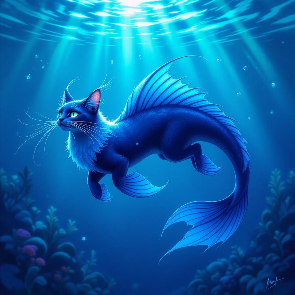 Ethereal Blue Cat Swims in Bioluminescent Ocean