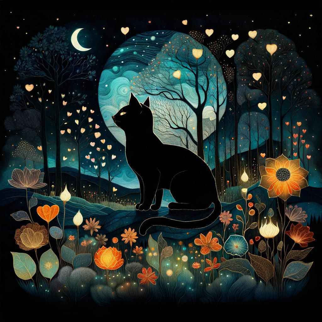 Ethereal Cats and Moths in a Night Garden