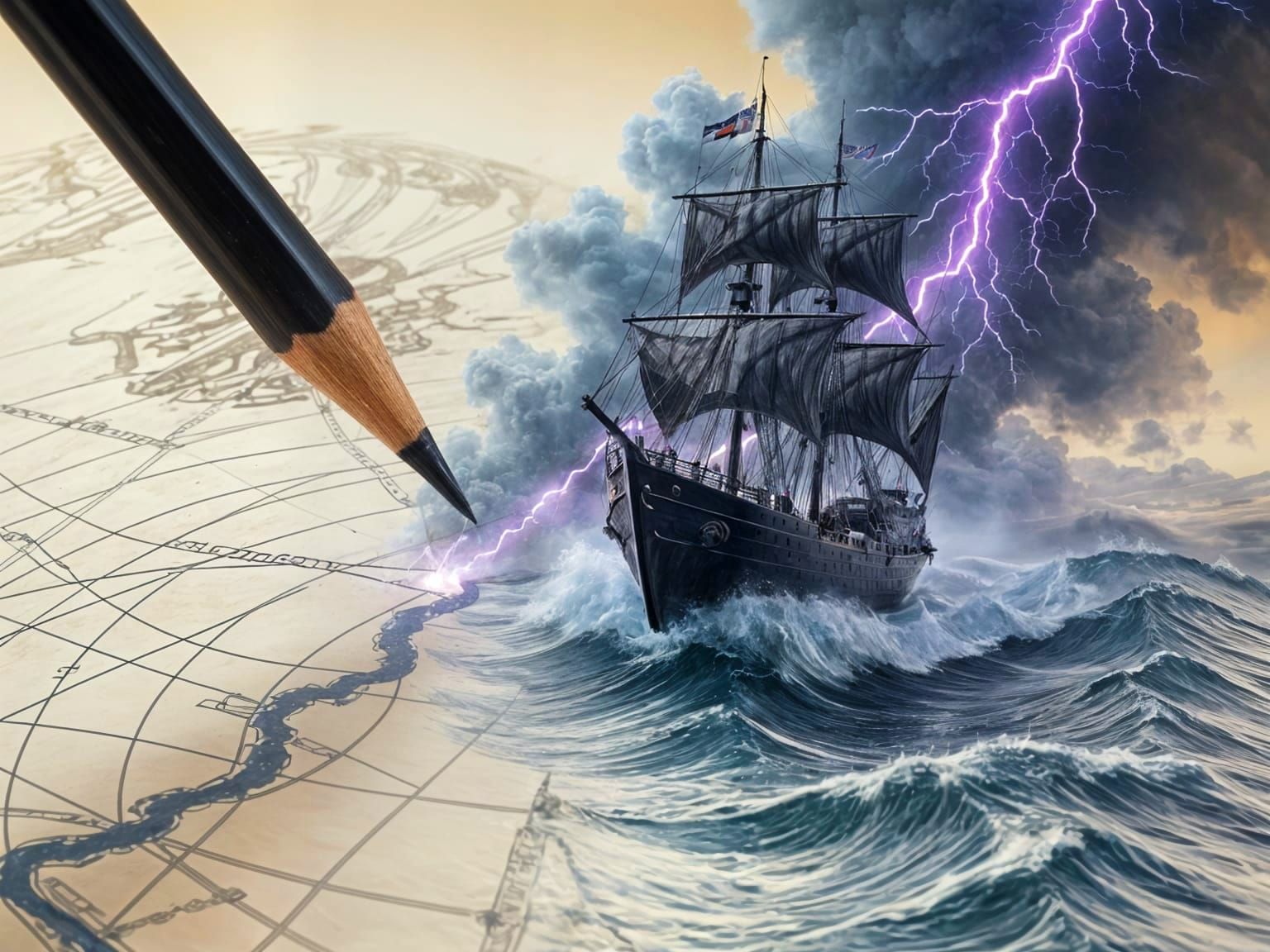 Charcoal Pencil Creates Ship on Stormy Sea Map