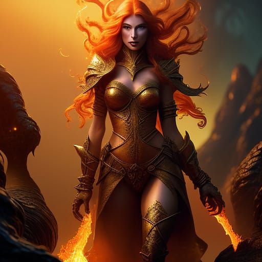 Ethereal Warrioress Enchants with Fiery Magic Amidst Burning...