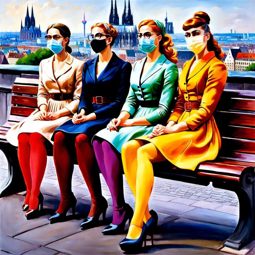 Girls on a Bench in Cologne: Oil Painting