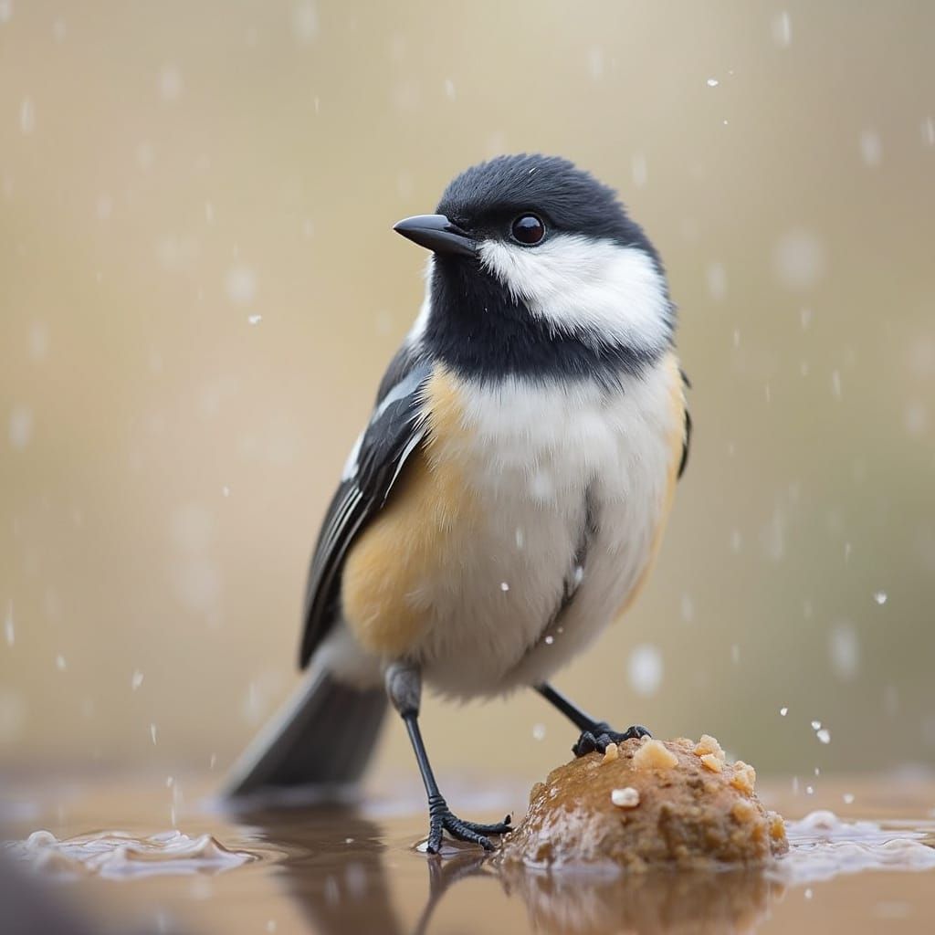 muddy little mountain chickadee taking bath in rain puddle 3