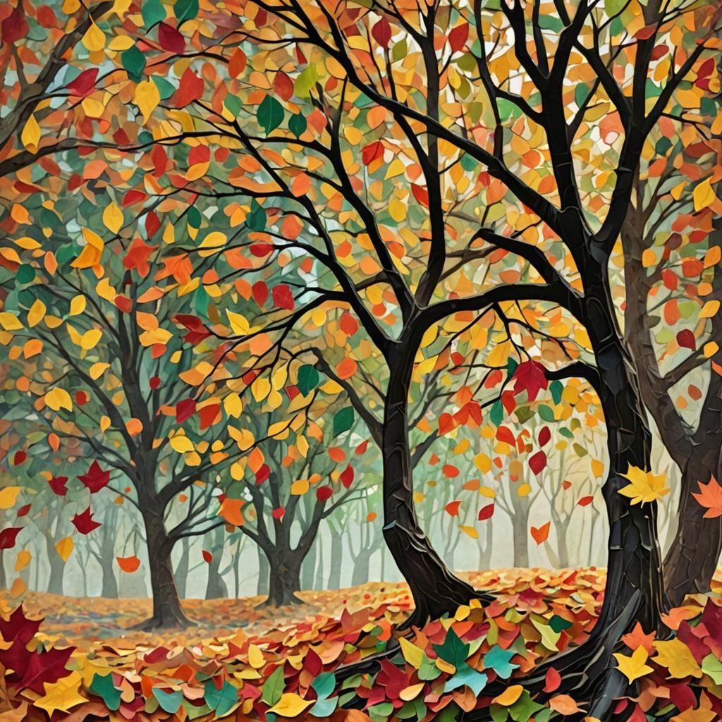 Beautiful Autumn Tree in Mixed Media Collage Art