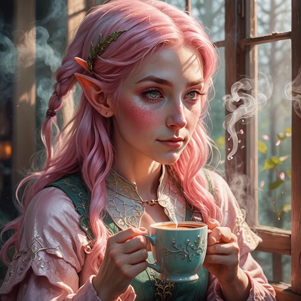 Pink-Haired Elf's First Coffee: Whimsical Digital Art