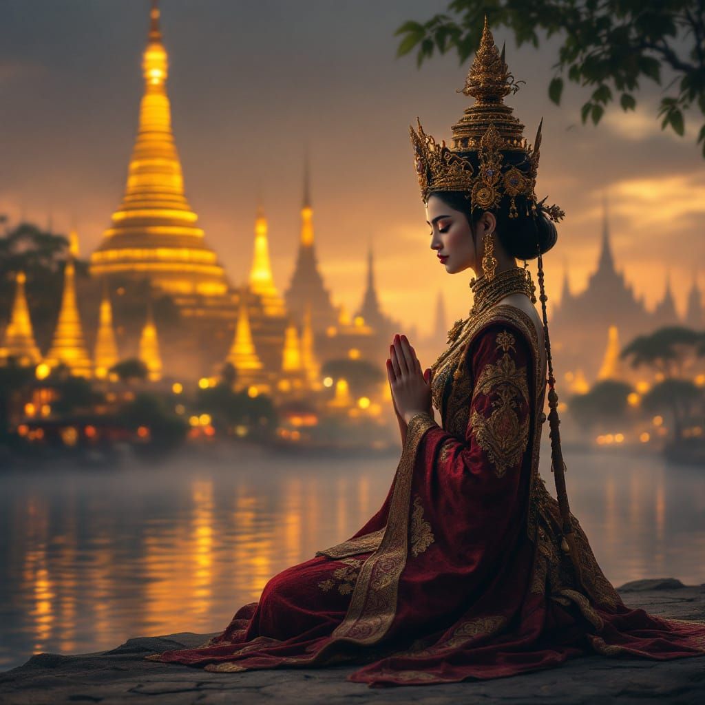 Burmese Buddhist Goddess in Gouache Style