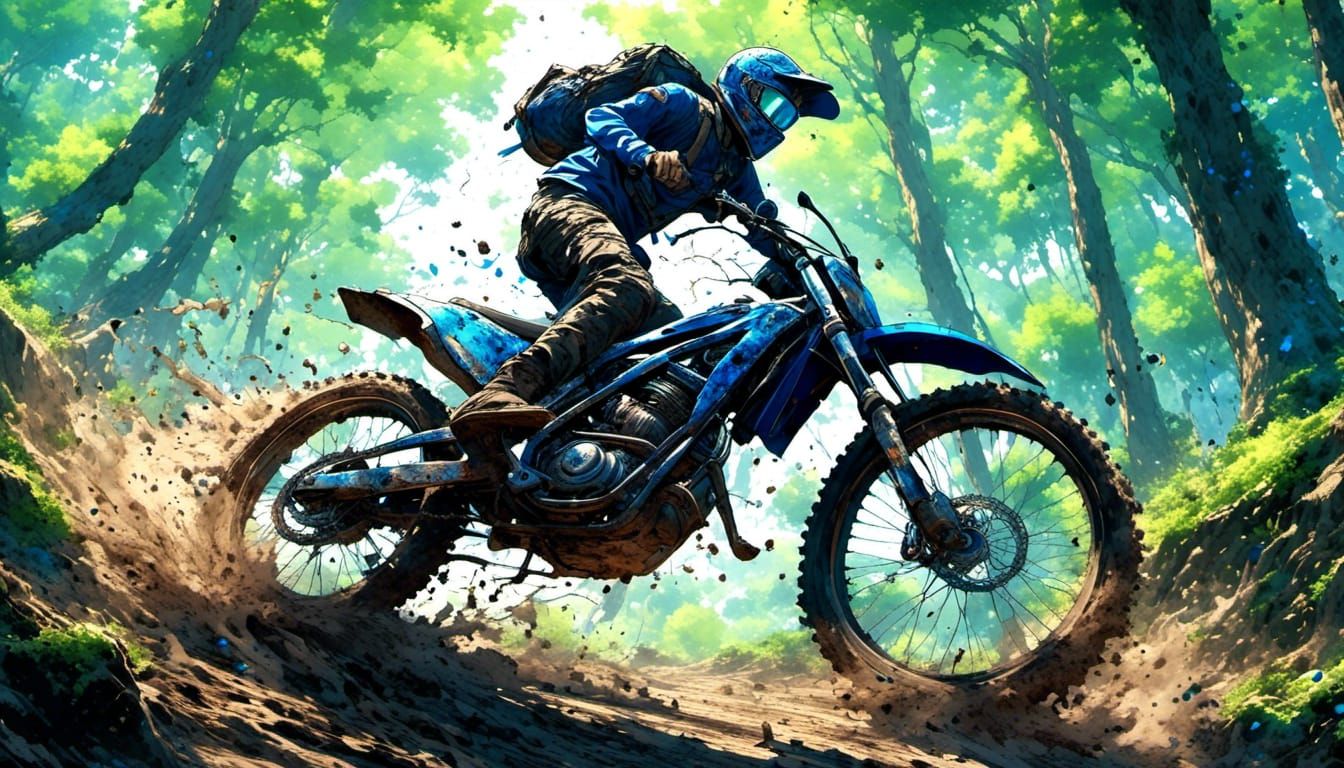 a young male teenager mud bogging on an electric off road bike, dirt flying during a skid while maneuvering a curve on ...