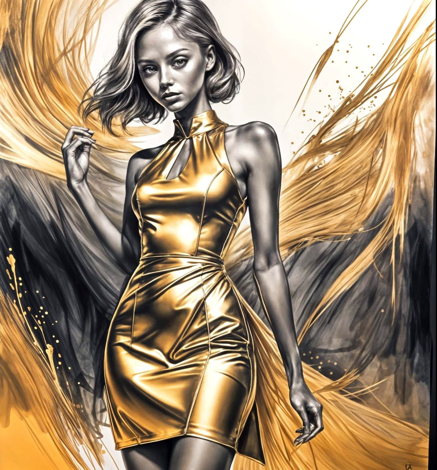 Elegant Woman in Gold Dress: Charcoal Drawing