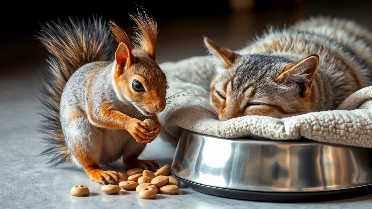 Mischievous Squirrel Stealing Kibble from Sleeping Cat