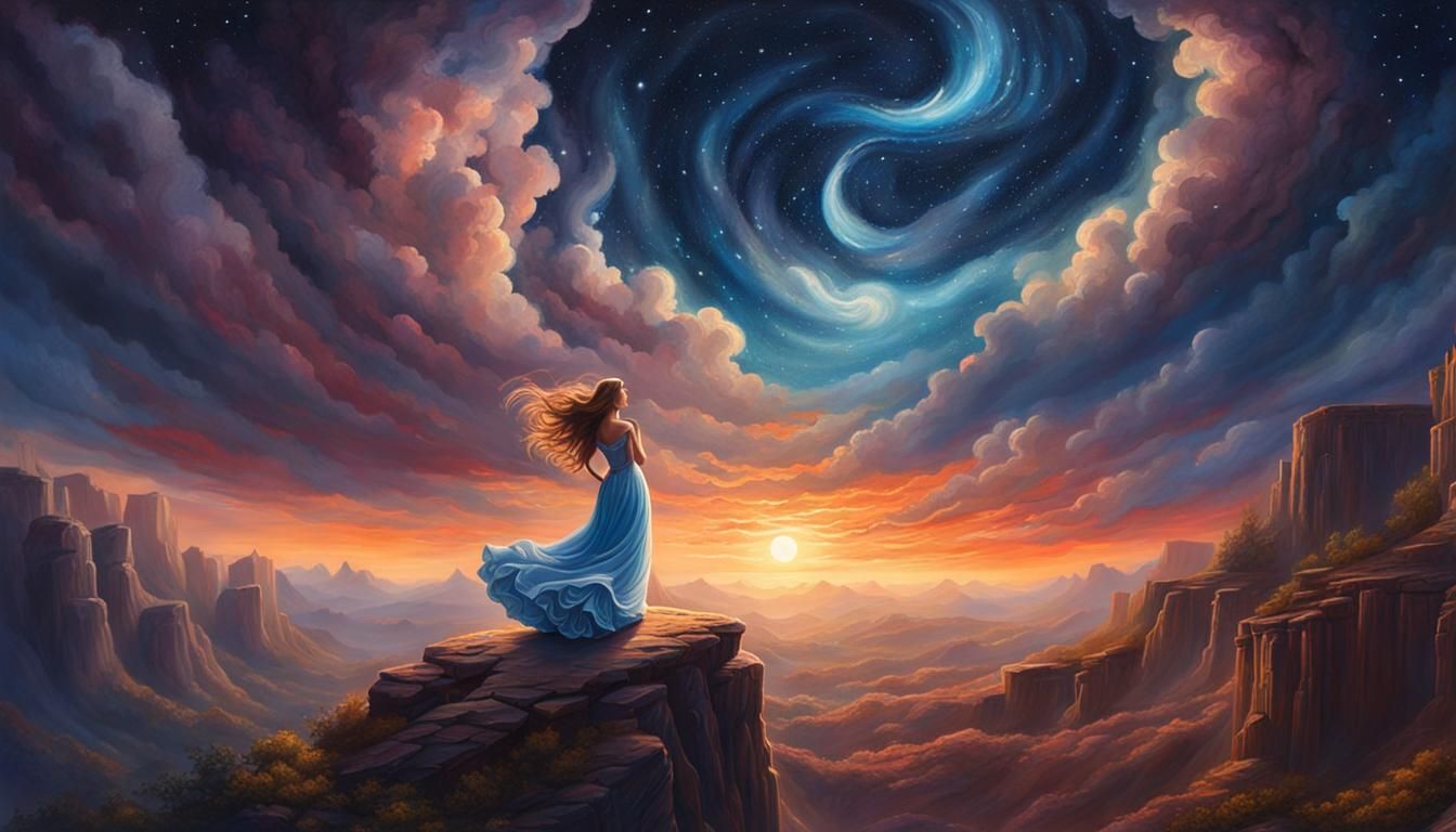 Dancing Cloud Girl in Moonlit Canyon Painting