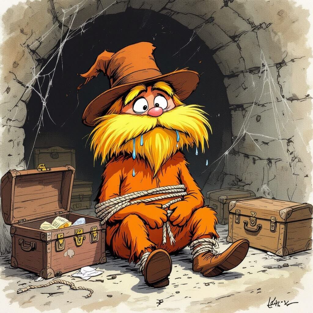 Distressed Lorax Held Hostage: Expressive Illustration