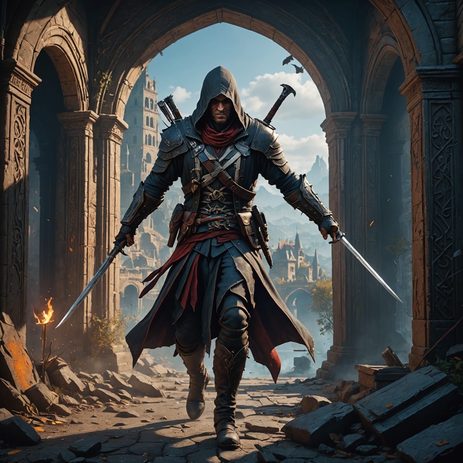 Assassin Emerging from Screen: Detailed Fantasy Art
