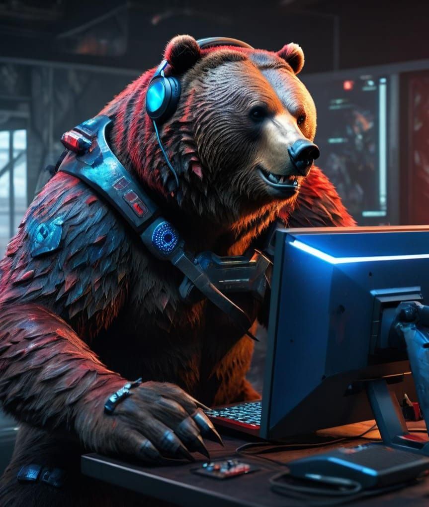 Hyperrealistic Grizzly Bear Gamer in Futuristic Armor