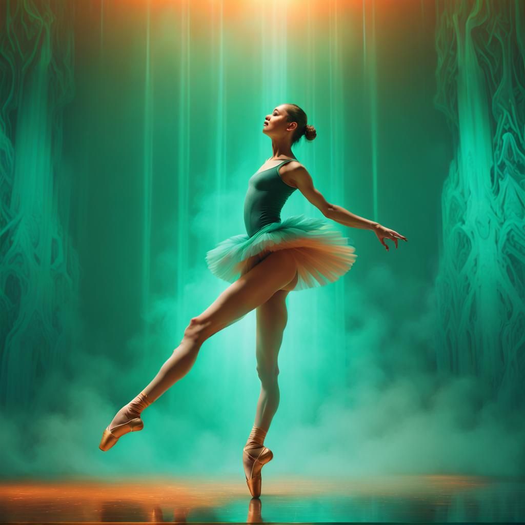 "A dark orange background with a ballerina dancing in pointe shoes in the front of a beautiful futuristic awe-inspiring ...