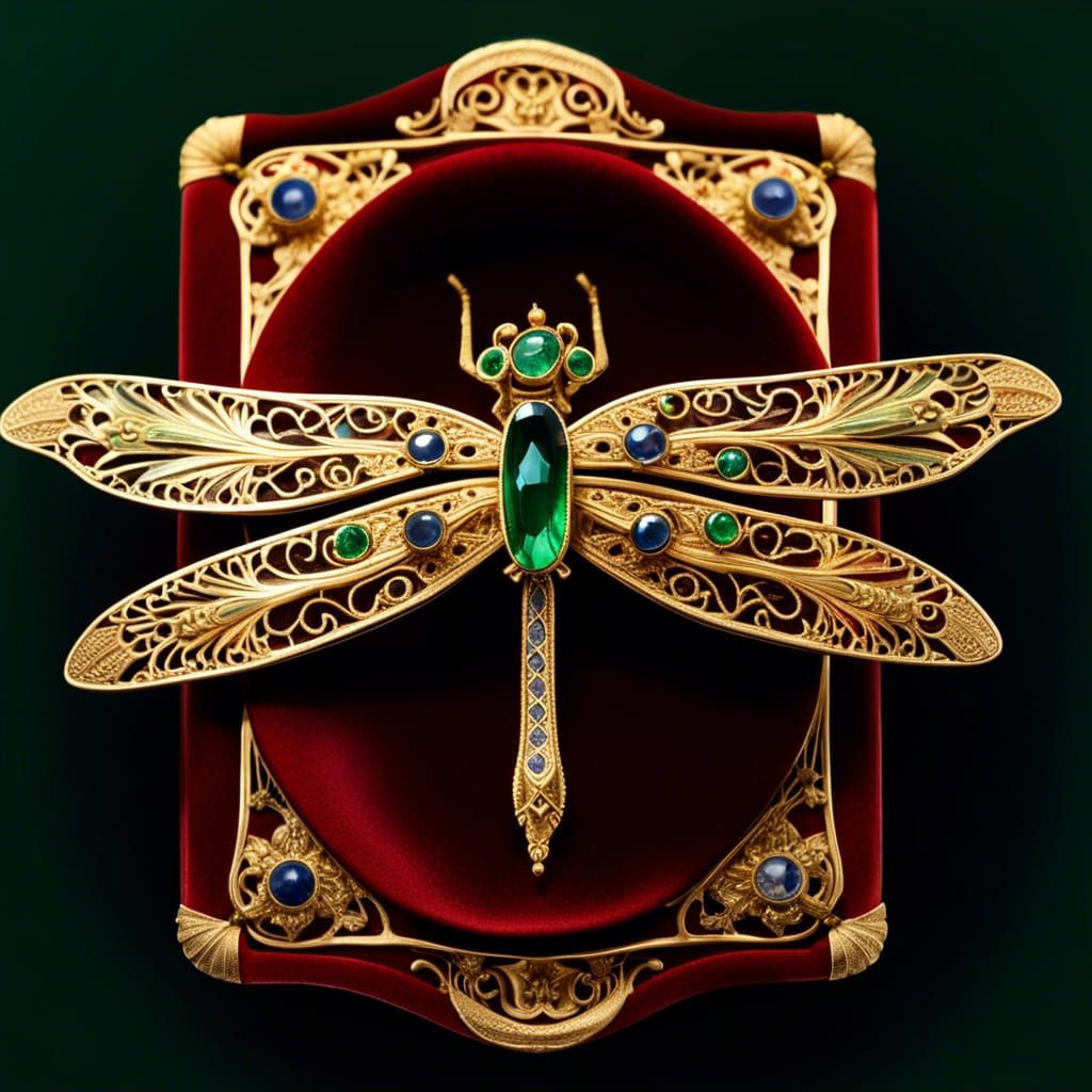 Emerald and Sapphire Dragonfly Brooch in Gold Filigree