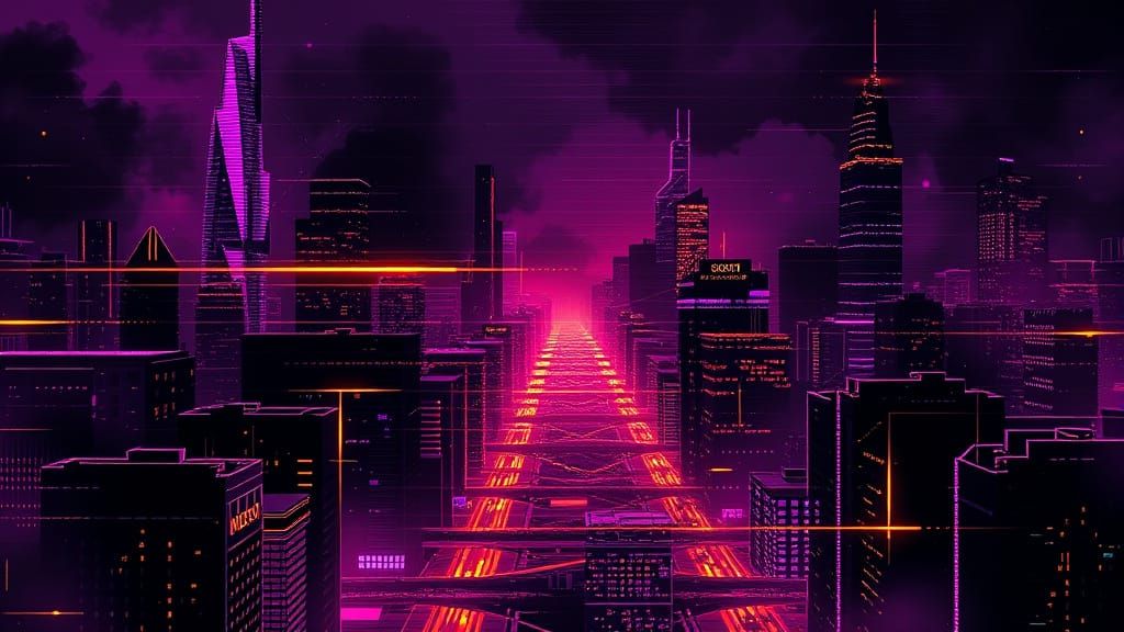 Futuristic Cityscape in Glitch Art Style