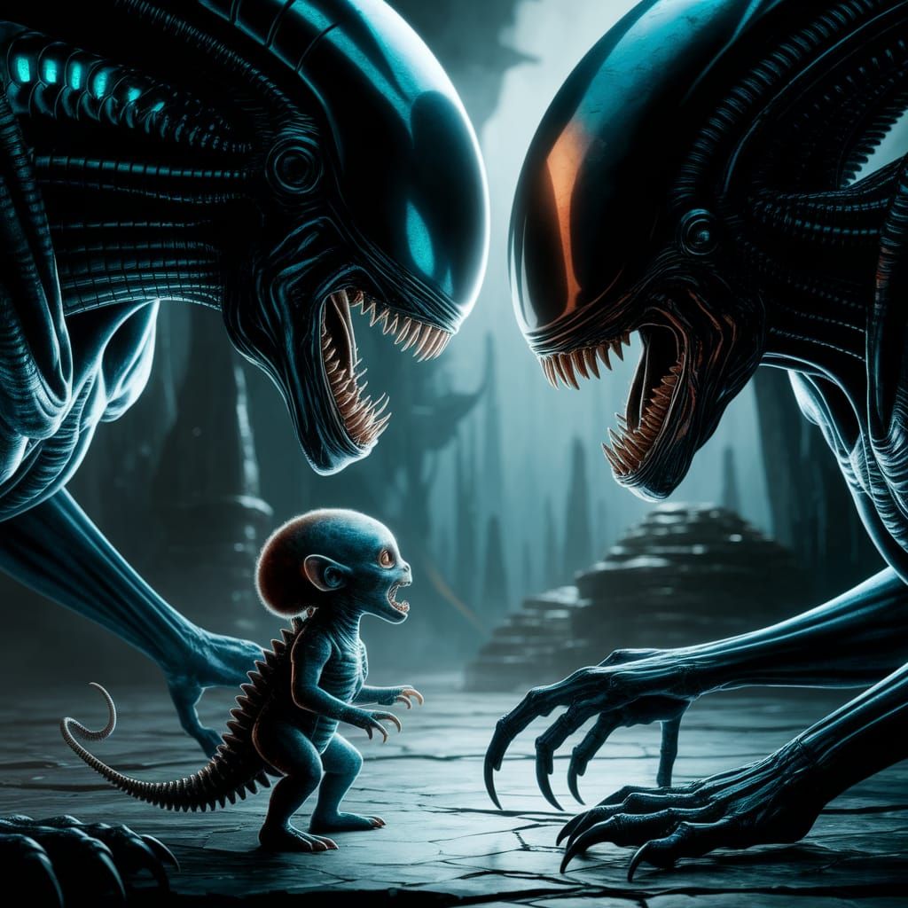 Xenomorph Family Confrontation with Bioluminescent Details