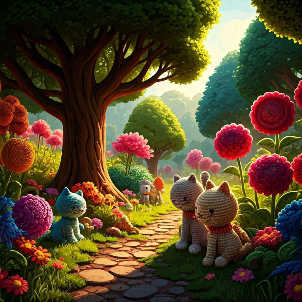 Whimsical 3D Crochet Garden with Cats and Kittens