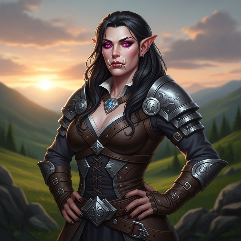 Beautiful Half-Orc Giant Woman with Pink Eyes at Sunset