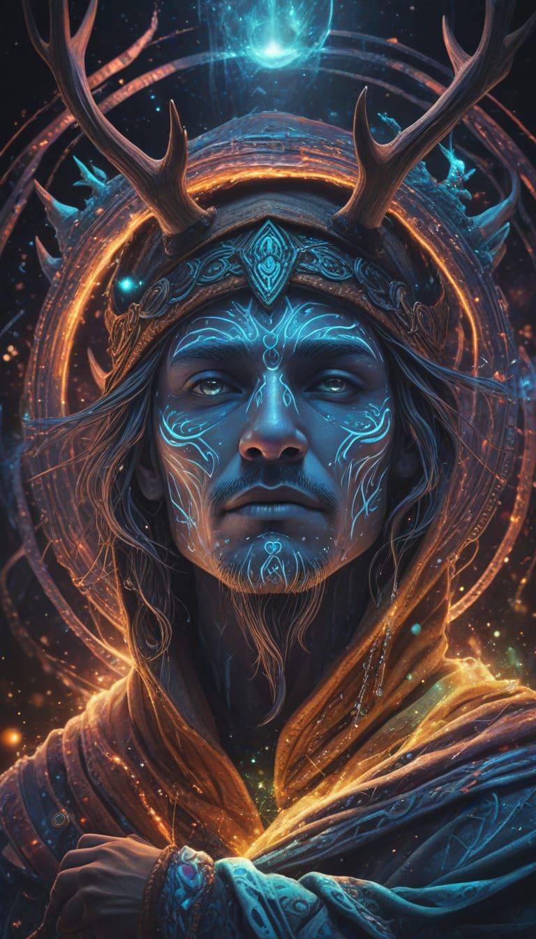 Antlered Shaman in Galactic Wormhole: Digital Painting