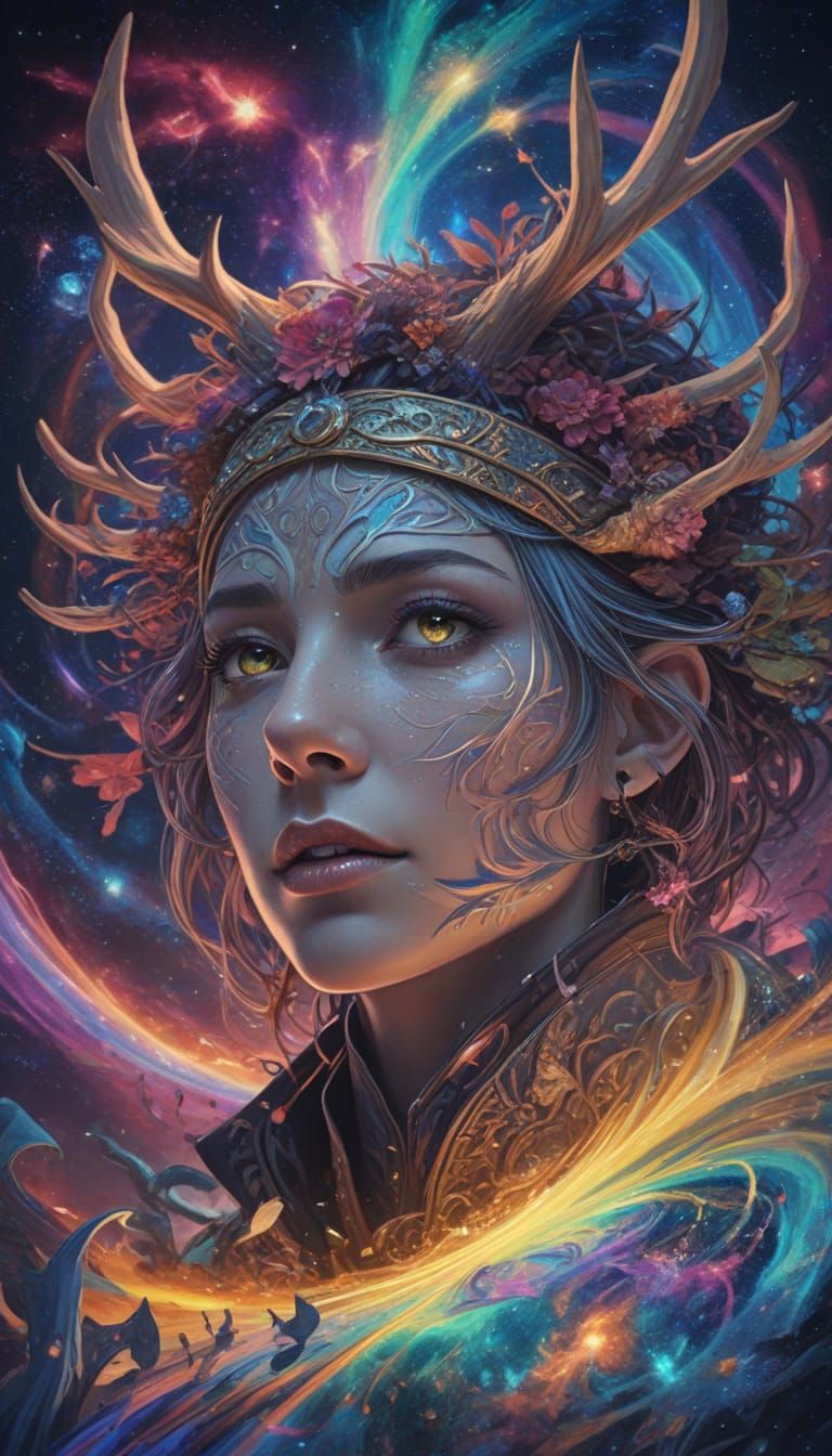 Antlered Shaman in Wormhole, Art Nouveau Digital Painting