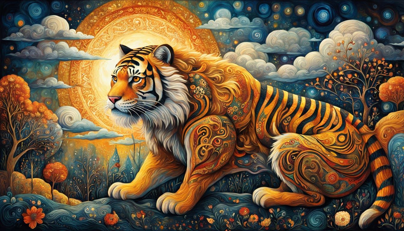 Sabretooth Tiger with Dramatic Sky in Ornate Oil Painting St...