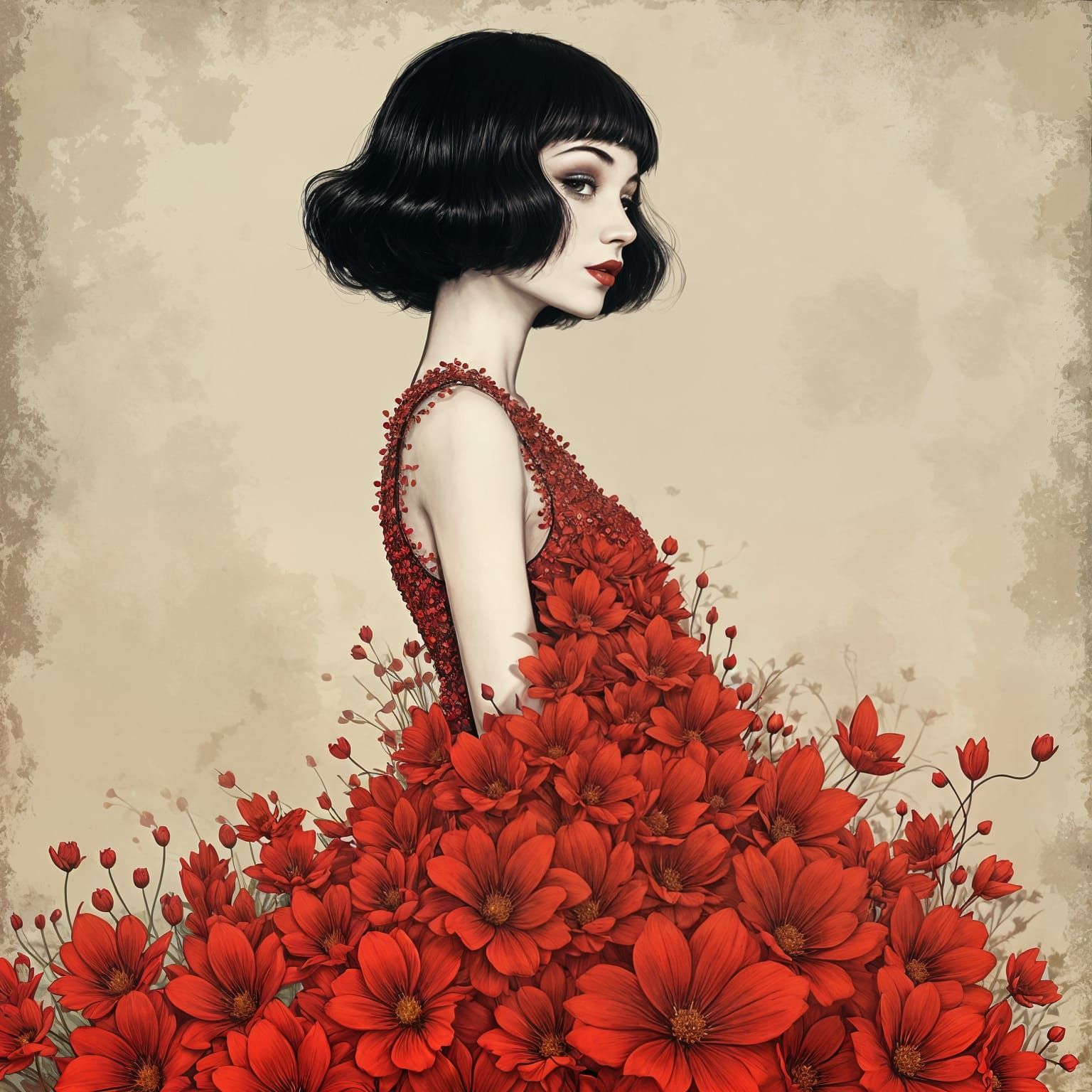 Elegant Flapper Girl in Bright Red Floral Dress