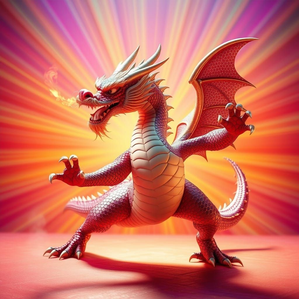 Dragon in Taekwondo Stance, Radiant Colors, 3D Digital Art