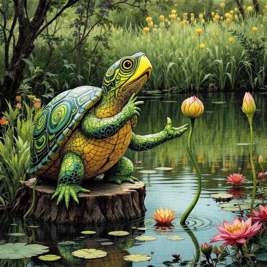 Turtle Sings with Water Lily in Art Nouveau Mosaic