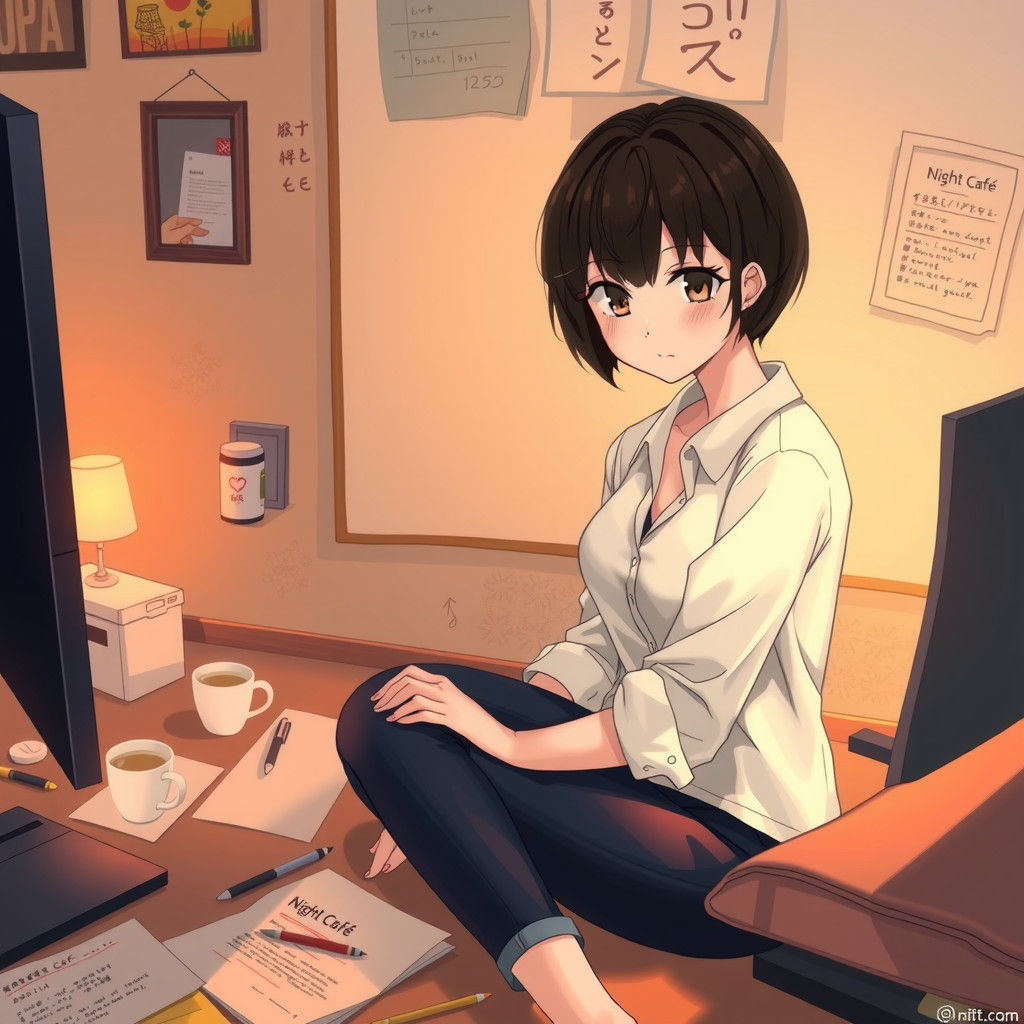 Anime Woman Checking Night Café Website