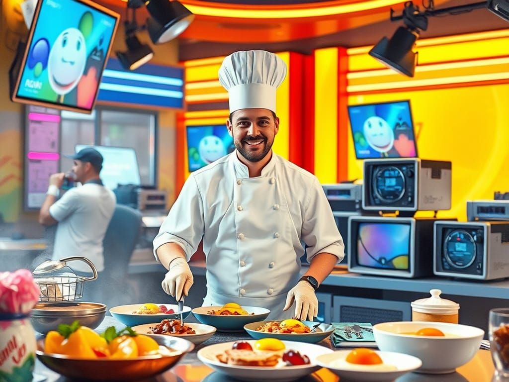 Chef Cooks Breakfast in Futuristic TV Studio