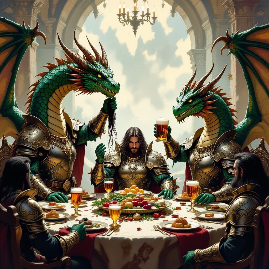 Dragons in Medieval Armor Toasting Victory