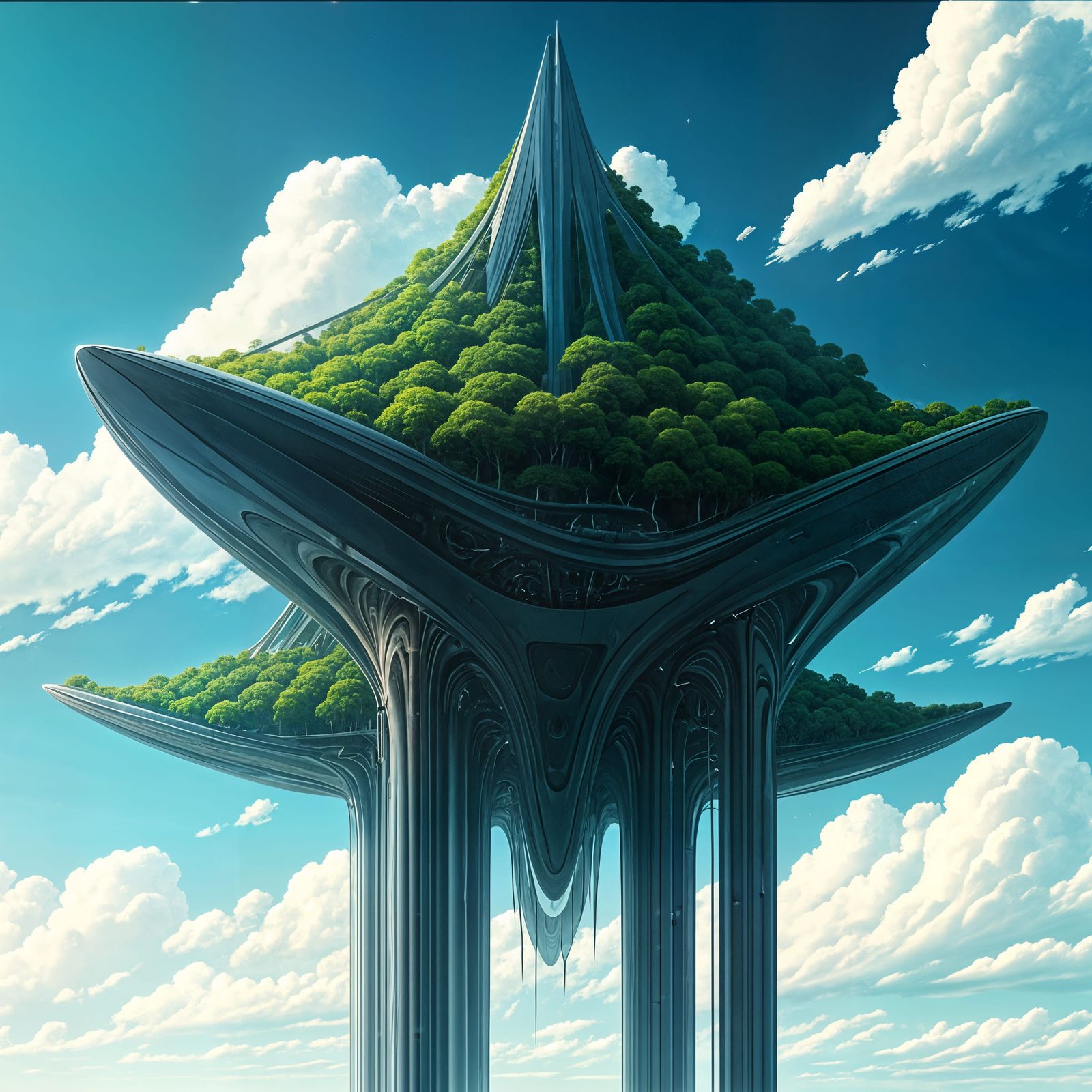 Futuristic Floating Island with Steampunk Engine