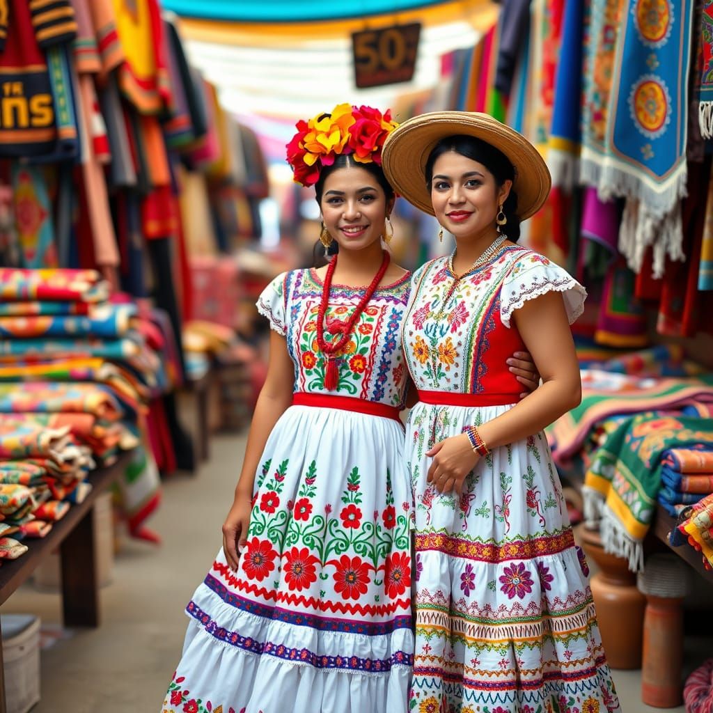 Woman in Traditional Mexican Dress in Marketplace