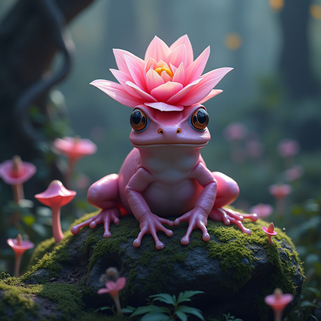 Pink Frog with Flower in Mystical Forest