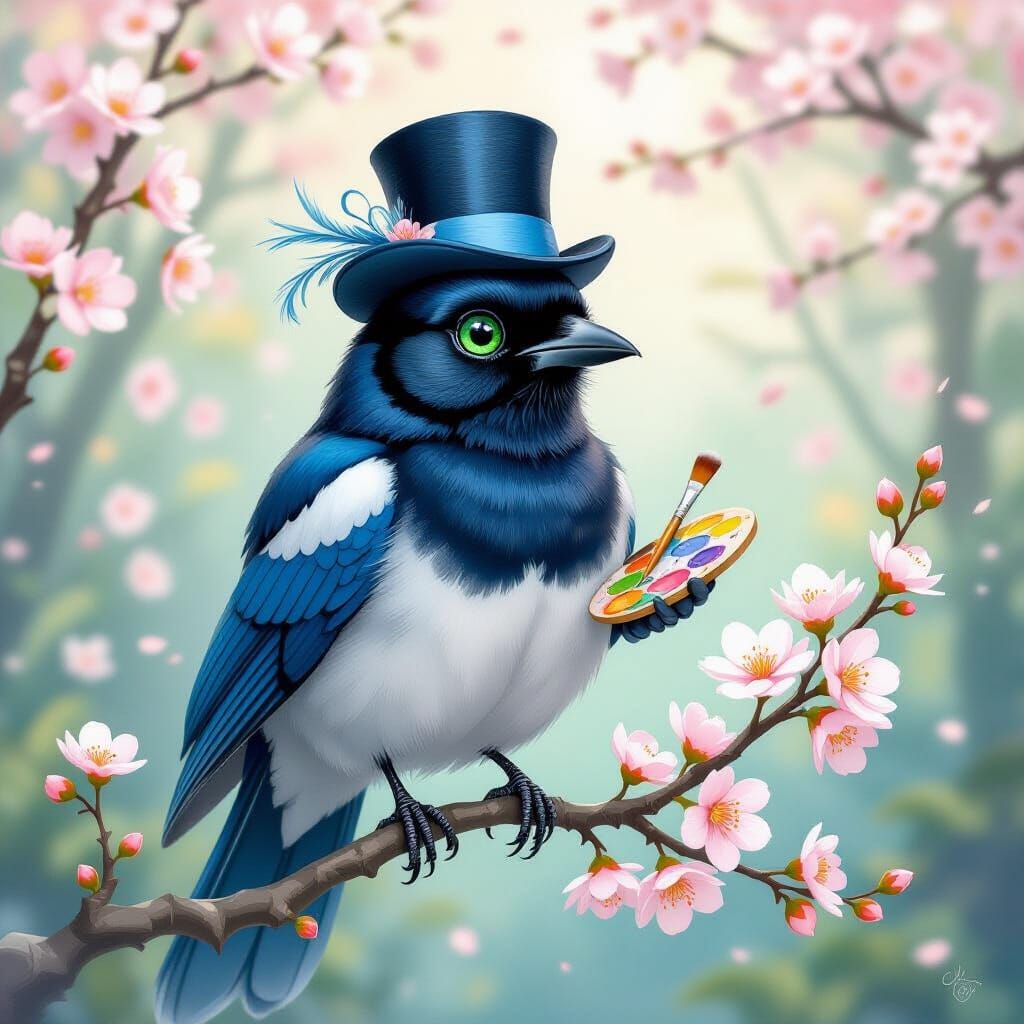Electric Blue Magpie in Watercolor Forest