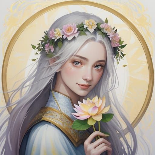 Young Wizard in Vibrant Watercolor Style with Lotus Flower W...