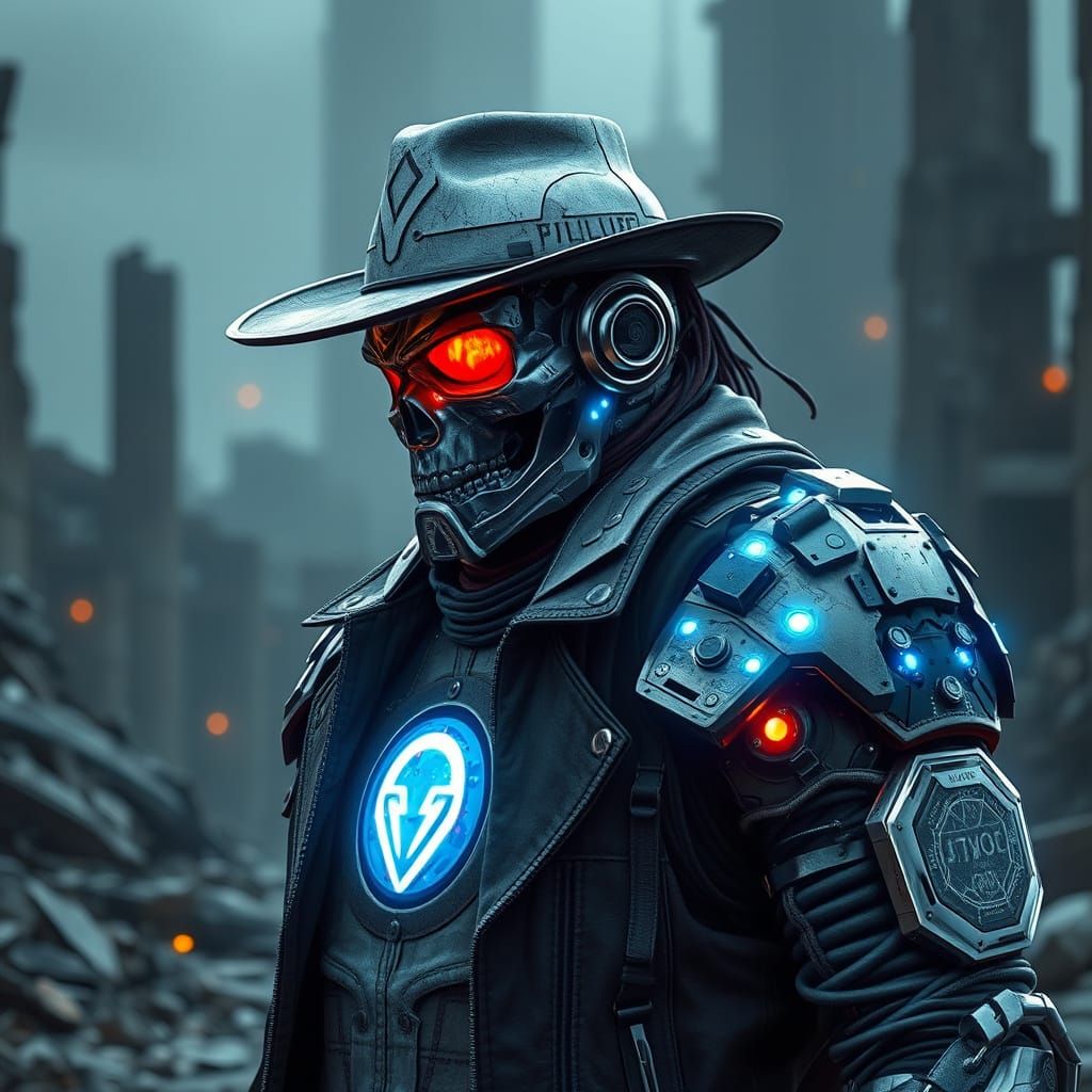 Cybernetic Warrior T8000 in Ruined Urban Landscape