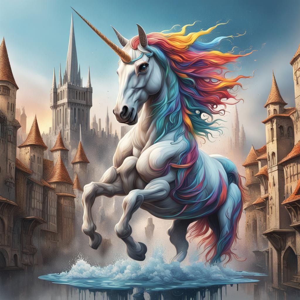Unicorn Rises from Futuristic Medieval City