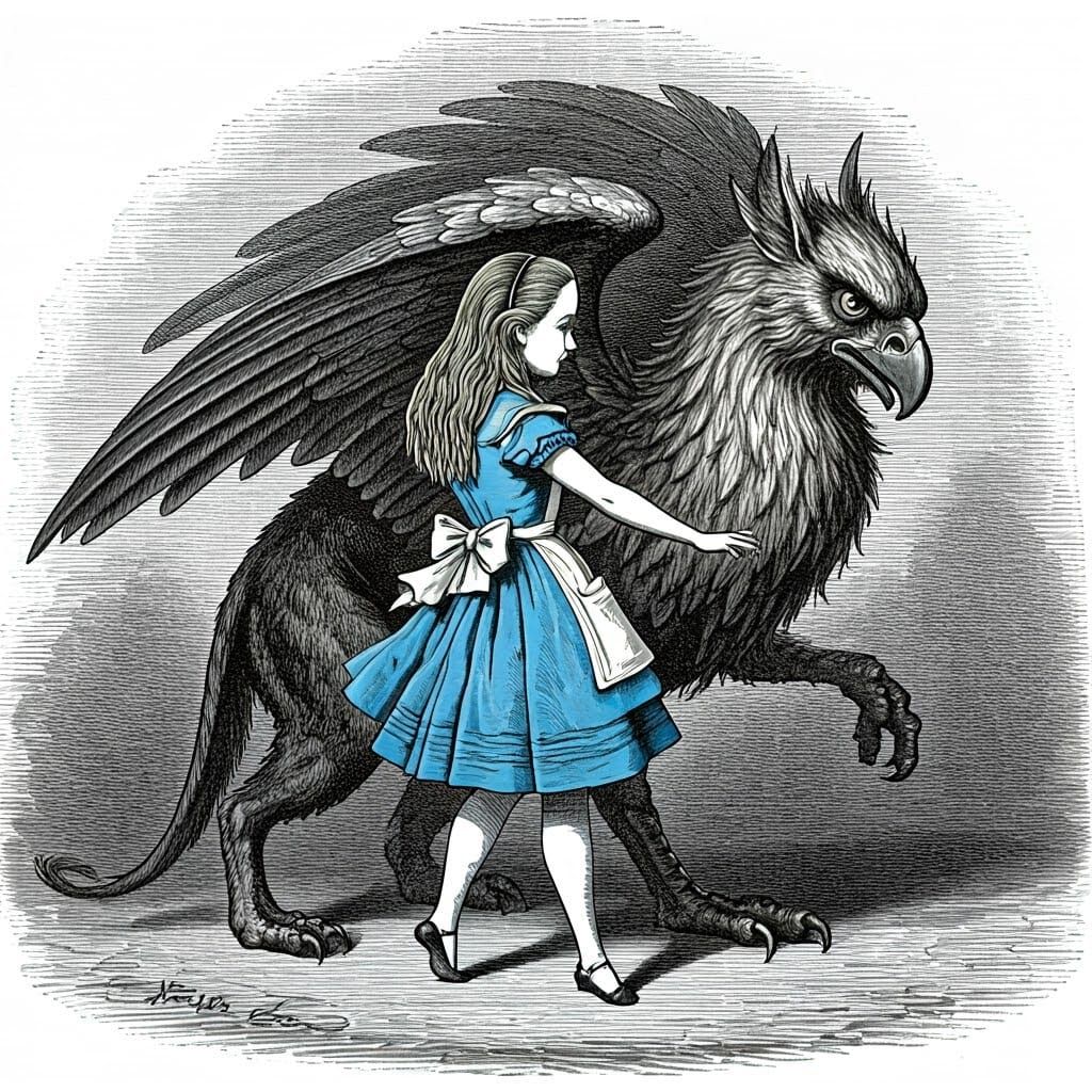 Alice Dances with Griffin in Vintage Engraving Style