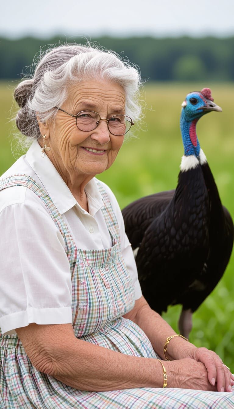 Grandmother and Ostrich in a Green Field