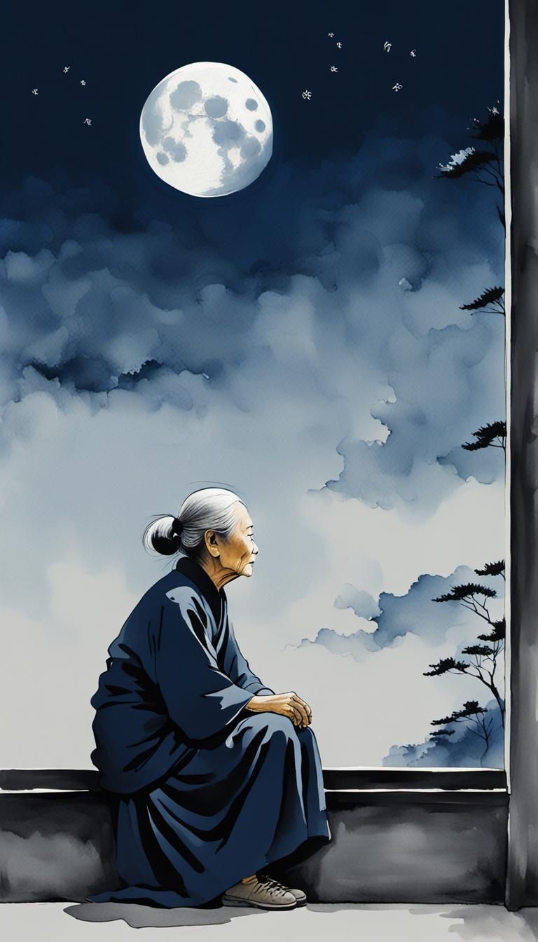 Minimalist Chinese Ink Painting of Old Woman